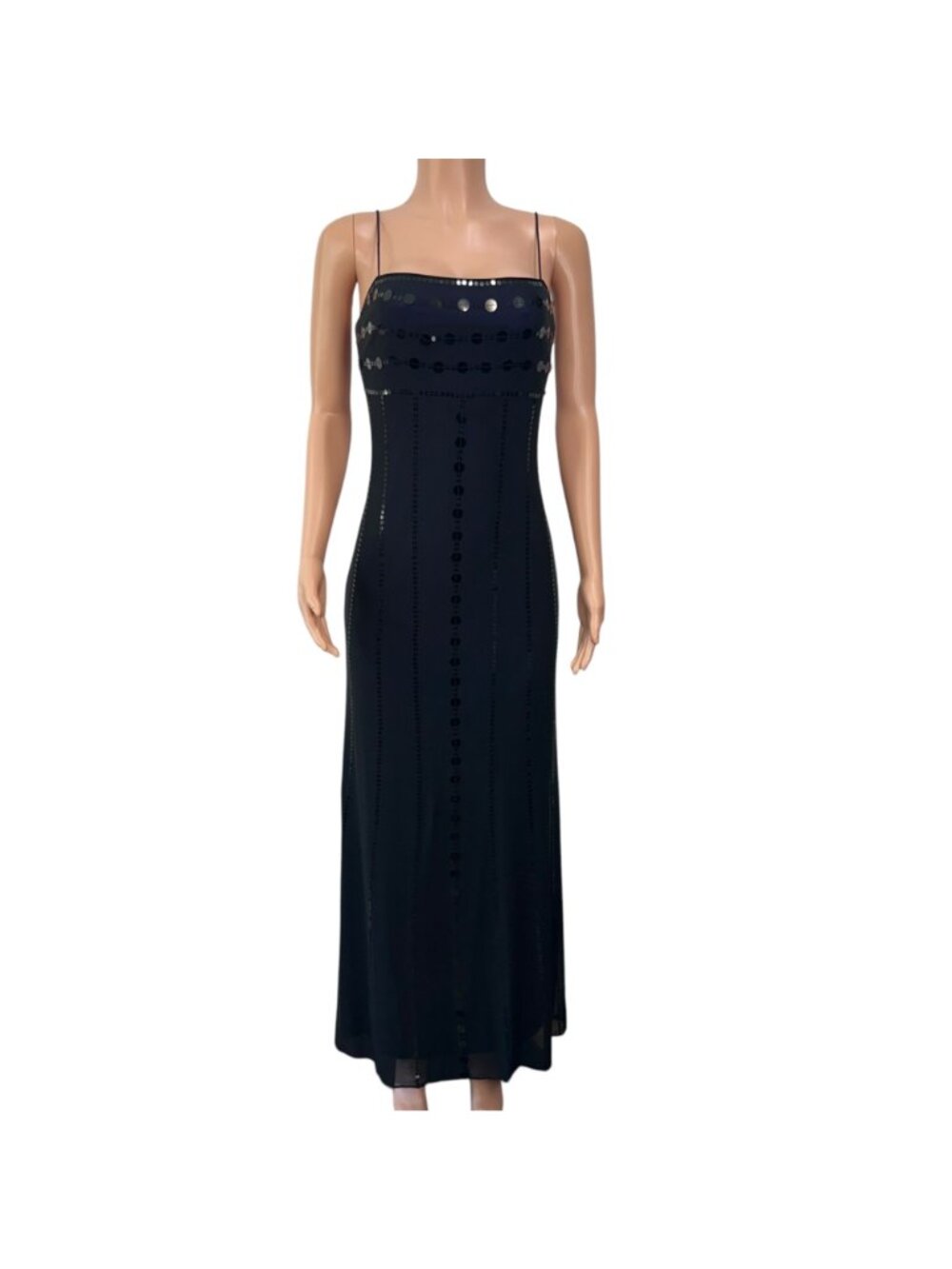 RIMINI By Shaw Vintage Black Sequined Spaghetti Strap Maxi Dress 6 Purple Lined - Picture 12 of 14